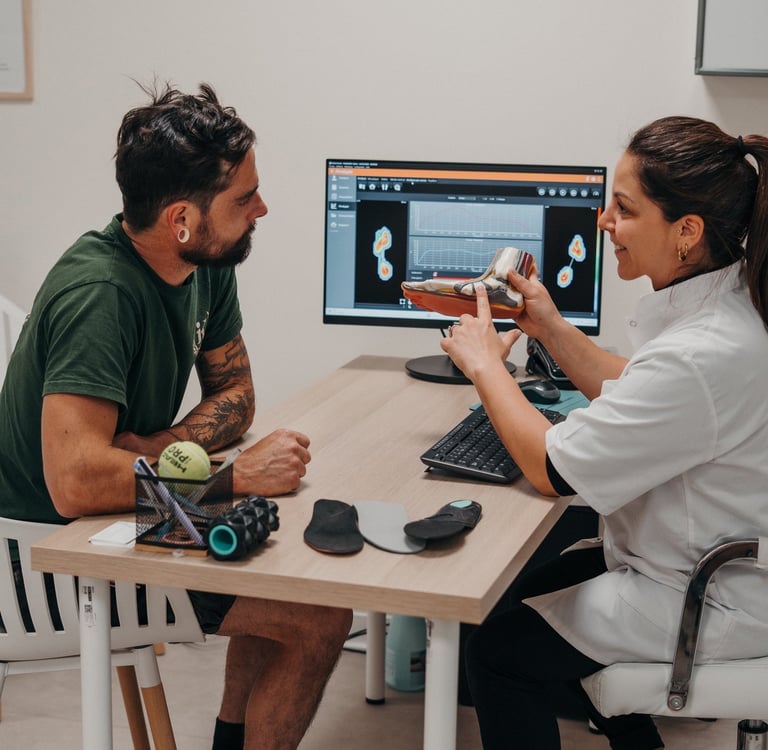 Podologue sur Soumoulou, entre Pau et Tarbes, présentant un pied pour expliquer une pathologie du pied chez le sportif.