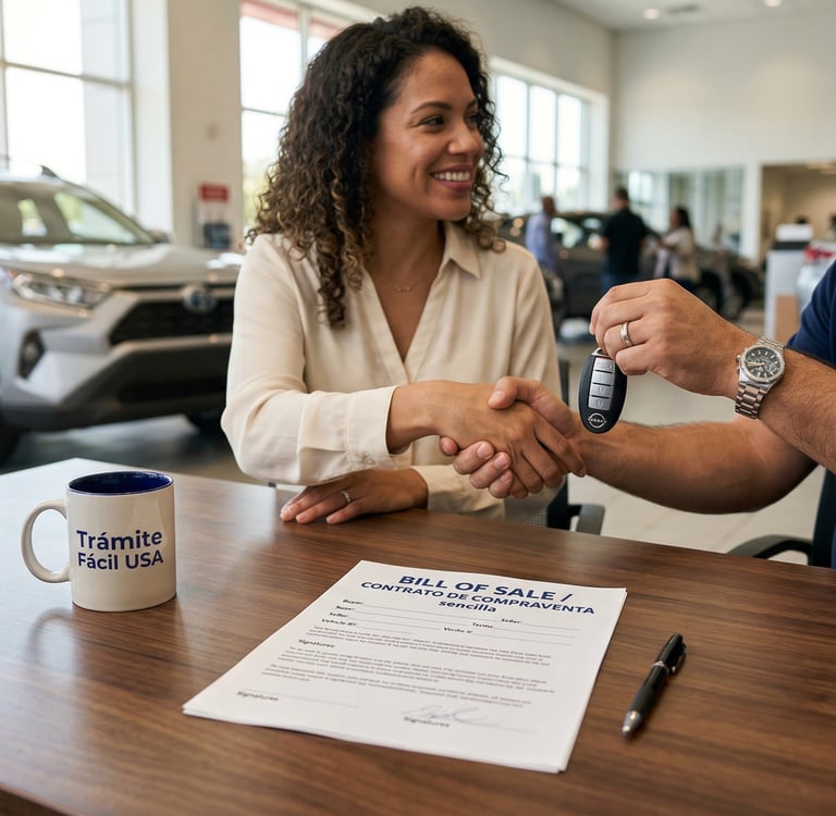 Apreton de manos entre comprador y vendedor en USA tras firmar un **contrato de compraventa sencillo Bill of Sale