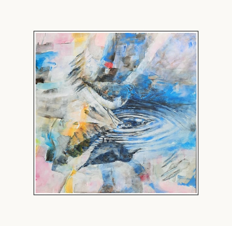 Le Miroir by Coby Hurtak. Abstract painting of a bird reflecting in rippled blue water.