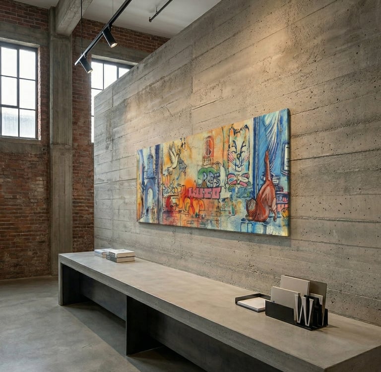 Pace by Coby Hurtak. Layered painting showing a blue archway and a cat near peace graffiti.