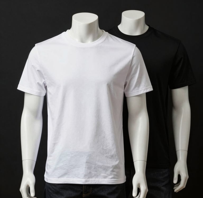 Mannequins wearing blank white and black cotton crew neck t-shirts for apparel mockup.