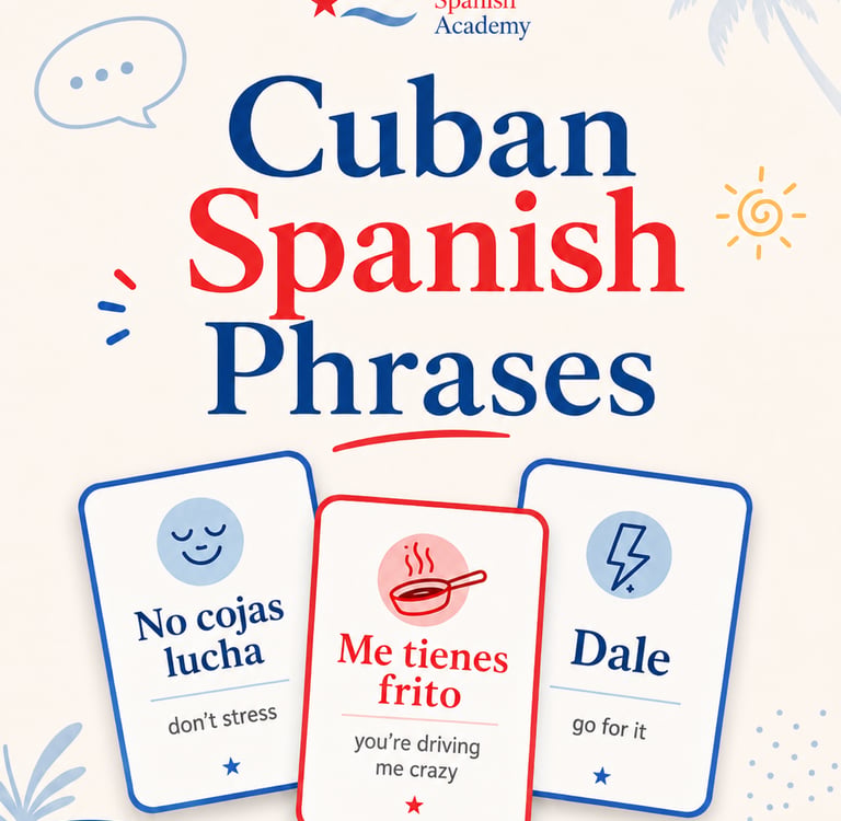 Educational graphic from Cuban Spanish Academy showing common Cuban Spanish phrases and translations.