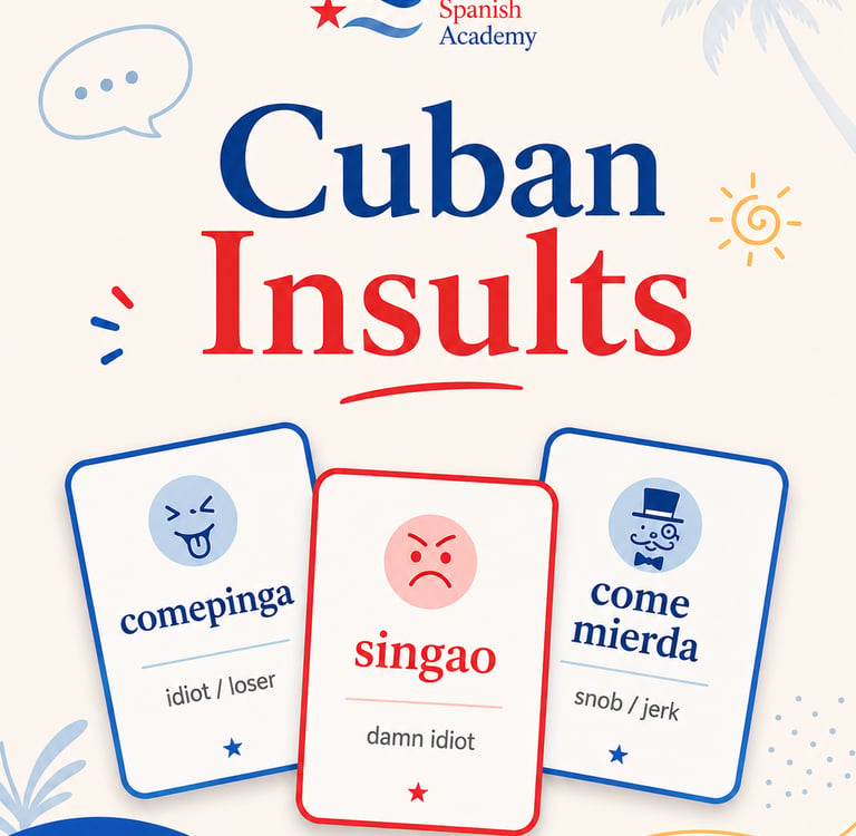 Cuban Spanish Academy graphic teaching common Cuban insults with translations for educational slang learning.