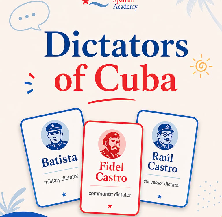 Educational infographic featuring Cuban dictators Batista, Fidel Castro, and Raúl Castro as illustrated profile cards.