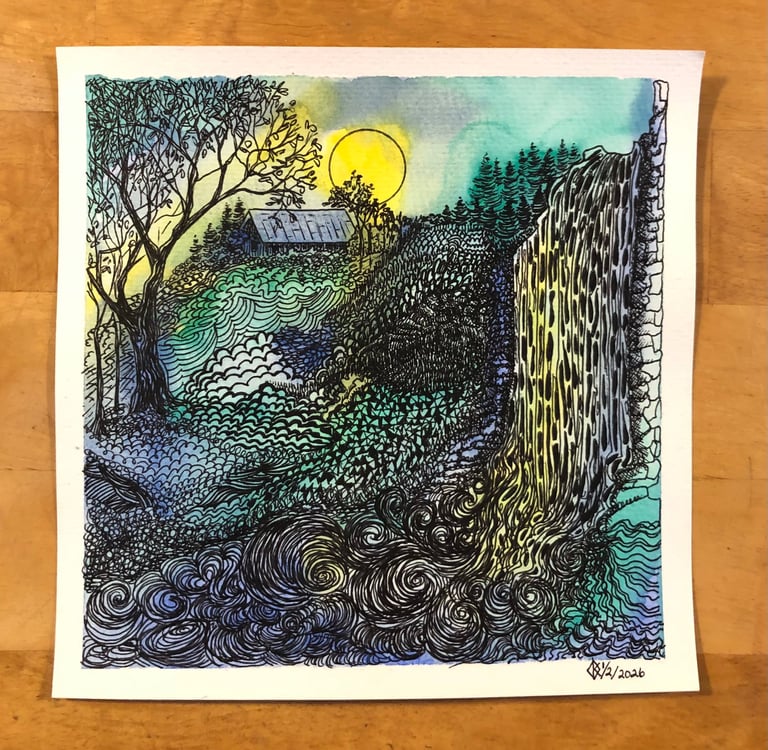 Zen Doodle waterfall scene