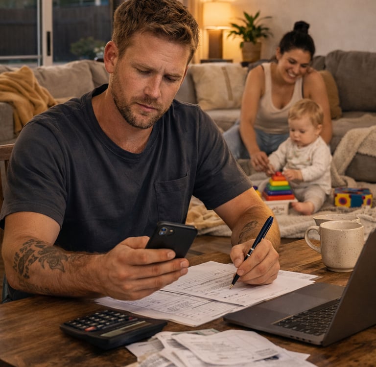 A tradie working on his phone while his family is playing without him.