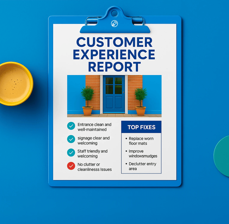  Customer Experience Inspection report on blue clipboard with checklist and improvement notes in a bright café setting.