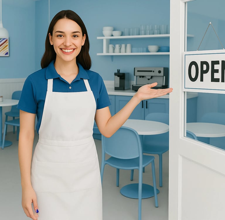 Smiling café employee in blue and white welcoming customers at bright modern coffee shop entrance.