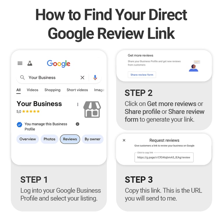 Instructions for copying your Google review link. Step-by-step tips for easier NFC customer reviews.