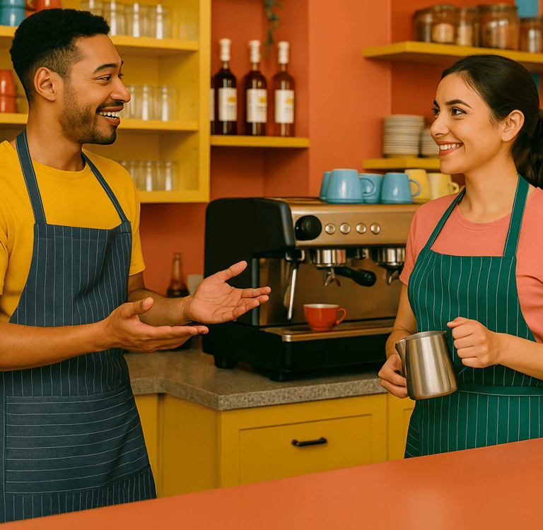  Baristas smiling and talking while preparing drinks behind a colorful, modern café counter.