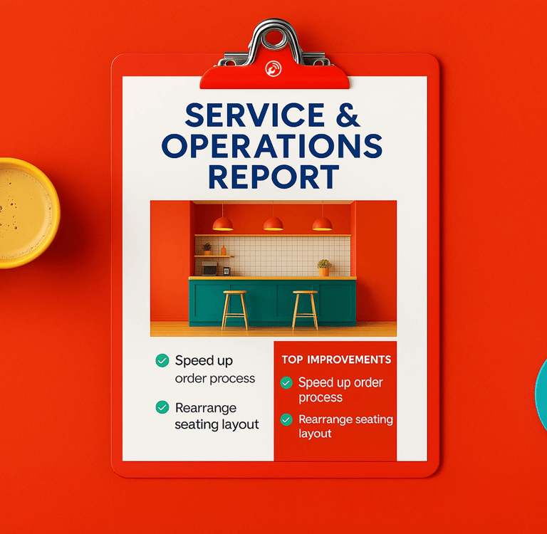  Service and Operations Inspection report on red clipboard with service improvement notes and vibrant workspace visual.