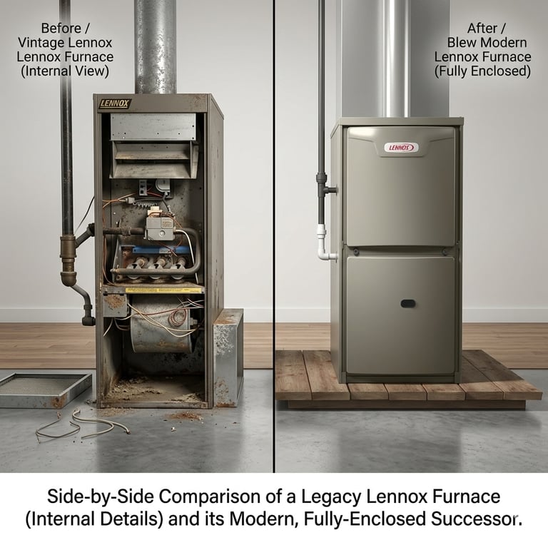 Side-by-side comparison of a vintage Lennox furnace and a modern energy-efficient HVAC replacement.