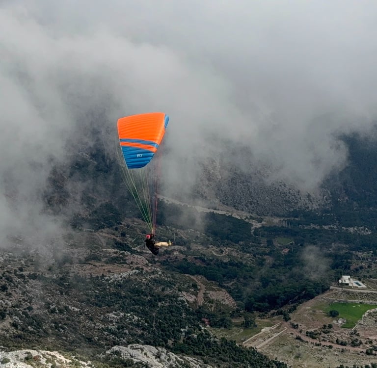 safe EN-A paraglider flying over clouds