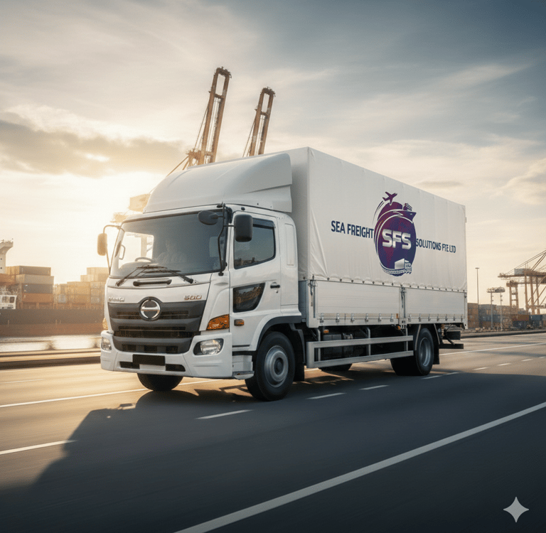White logistics delivery truck by Sea Freight Solutions driving through a port terminal at sunset.