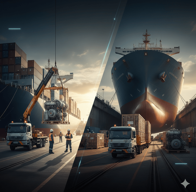 Logistics workers and crane loading heavy cargo machinery at a shipping port dock with a container ship.