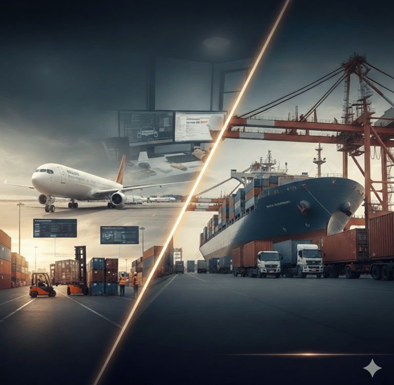 Global logistics collage showing air freight, cargo ships, and digital supply chain management.