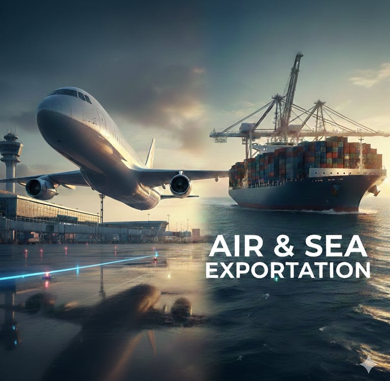 A split image showing a cargo plane taking off and a container ship for global air and sea exportation.