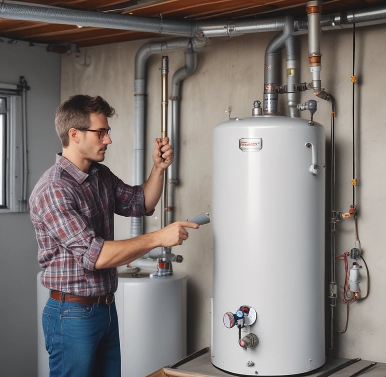 A male plumber performing a water heater inspection and maintenance in a residential basement.