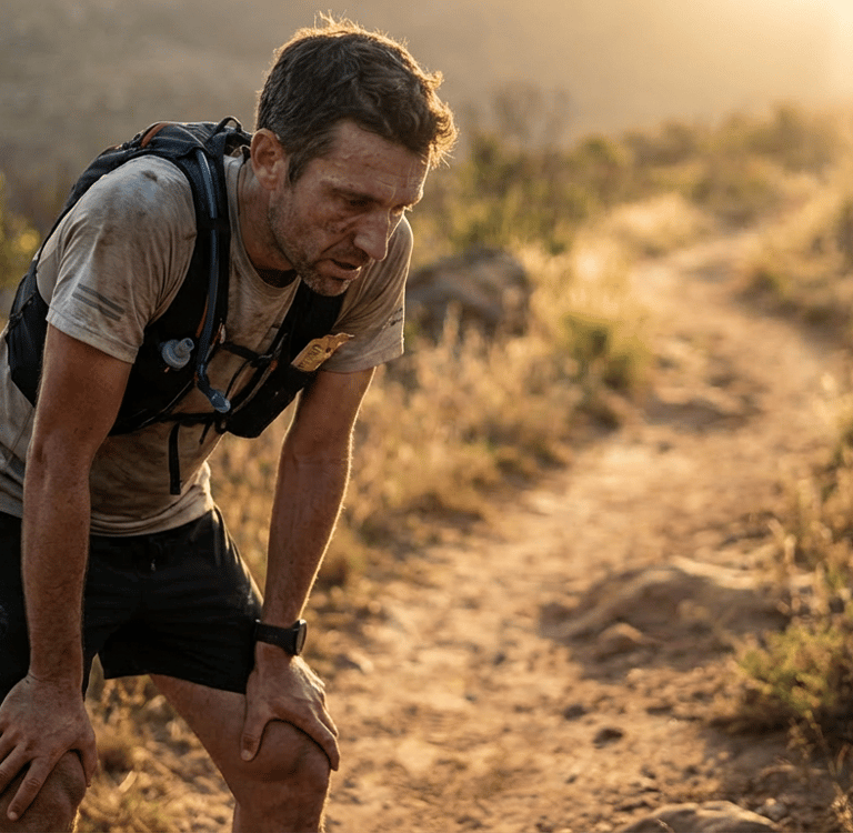 An endurance athlete looks tired and dejected