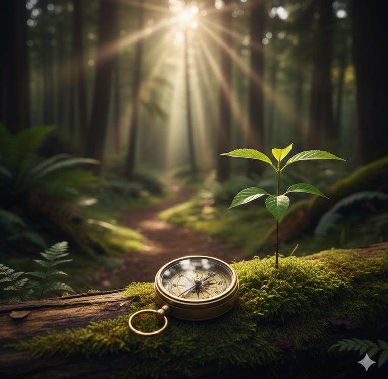 A compass and green sprout on a mossy log in a sunlit forest, symbolizing change in Motivational Interviewing.
