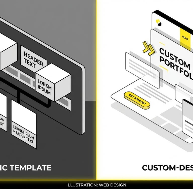 Comparison illustration showing a generic website template layout versus a custom-designed website s