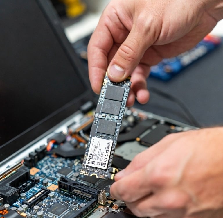 Homem trocando HDD por SSD para melhorar a performance do notebook.