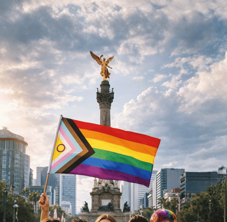 Grupo de amigos queer LGBT en la marcha del orgullo en CDMX frente al Ángel de la Independencia en P
