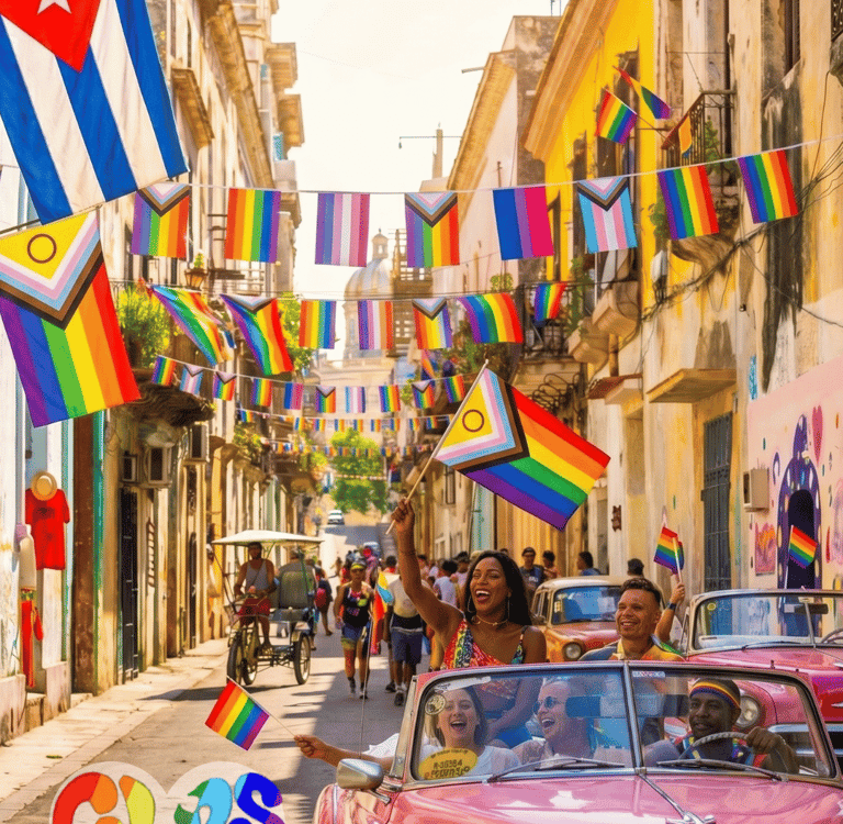Personas queer en auto clásico en La habana Cuba celebrando el pride, atrás hay banderas de la comun