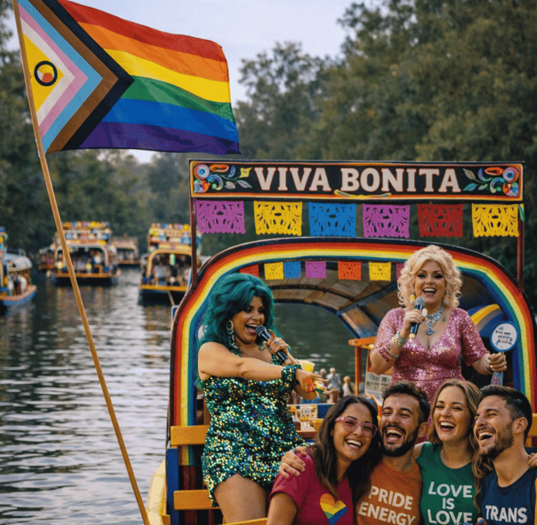 Show de drag queens en Xochimilco y en las trajineras grupo de amgios queer disfrutando el show