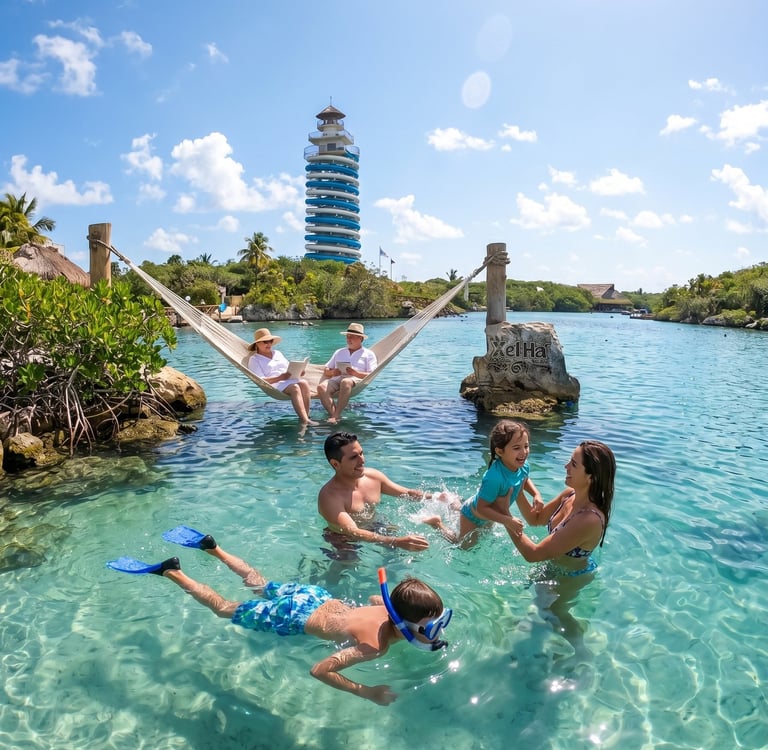 abuelos, padres e hijos en parque xel ha xcaret