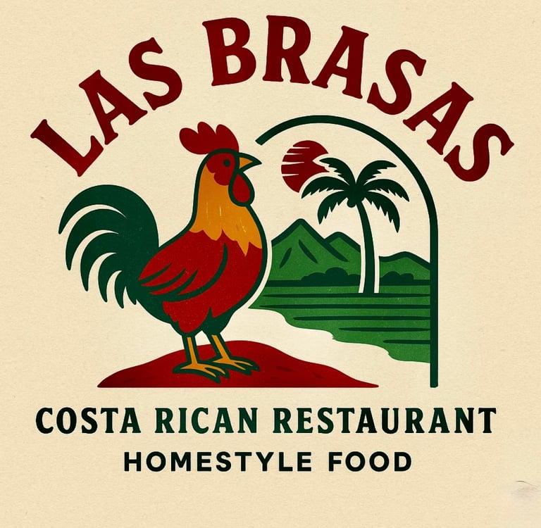 Las Brasas Costa Rican Homestyle Food Logo with rooster and palm tree