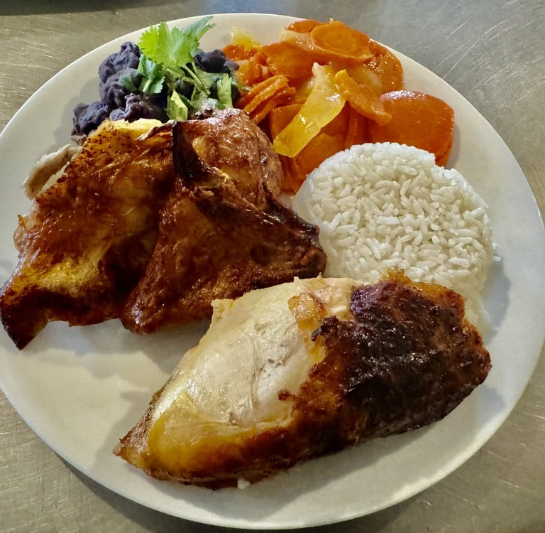 Las Brasas Costa Rican restaurant Roast Chicken dinner with rice and beans