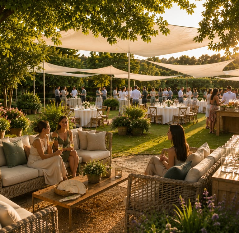 Espace lounge ombragé avec voiles d’ombrage, mobilier confortable, végétation et bar à boissons lors