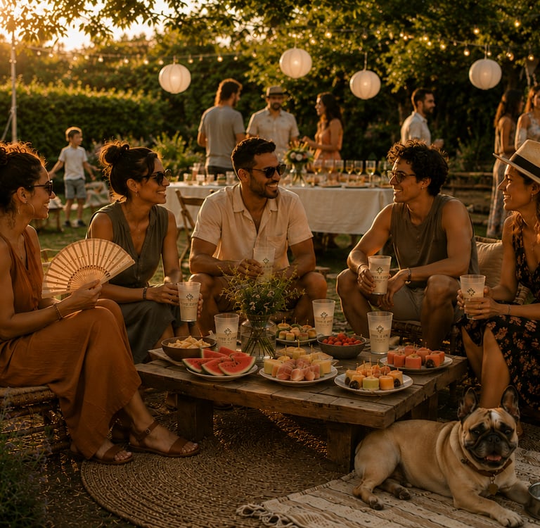 Invités profitant d’un événement en extérieur avec espace lounge, boissons fraîches, éventail et bou
