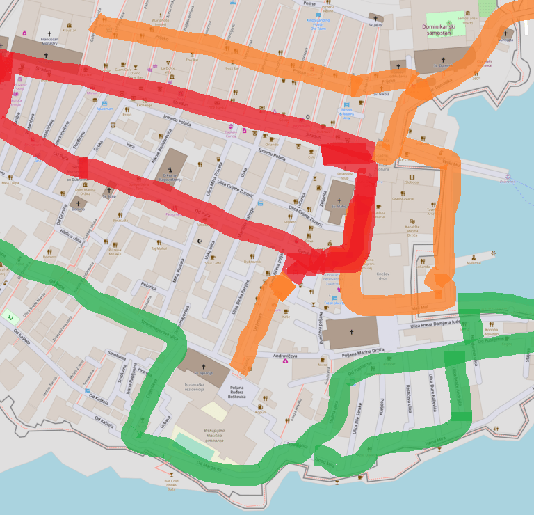 Map of Old city of Dubrovnik with different colors for different levels of tourist crowds