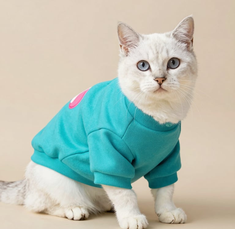 Gato blanco de ojos azules que lleva una sudadera para mascotas de color azul verdoso.