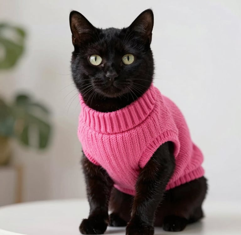 Un gato negro que lleva un suéter de punto rosa intenso.