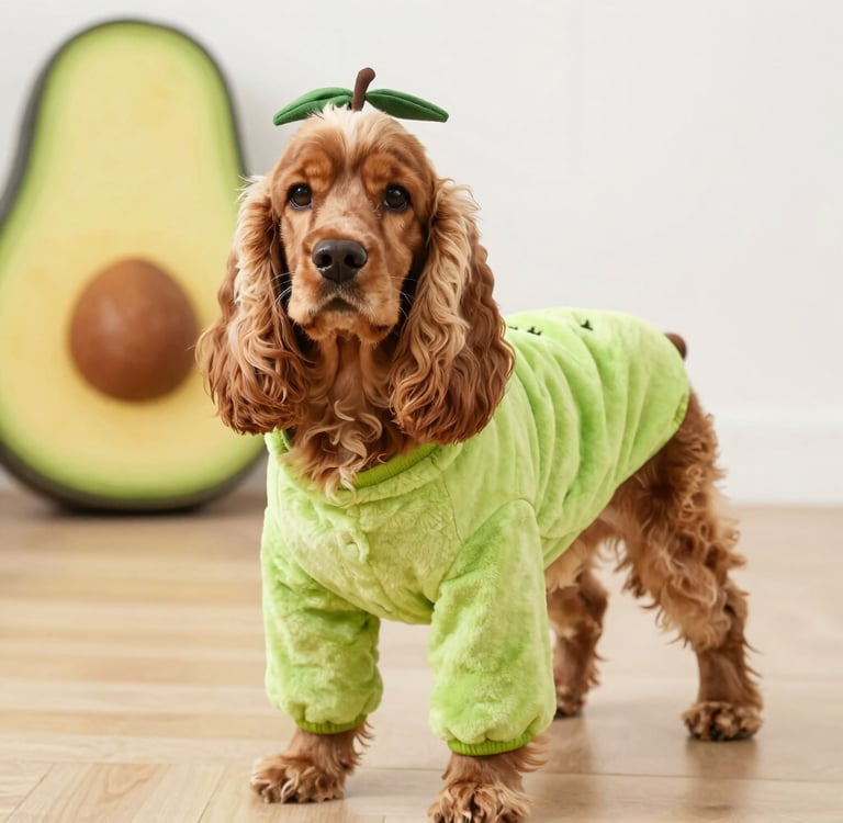 Un perro Cocker Spaniel vestido con un disfraz de aguacate y una diadema con una hoja.