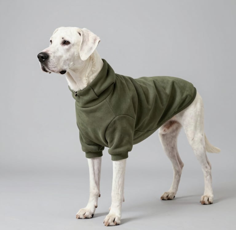 Perro grande y blanco, de pie, que lleva una cómoda sudadera de forro polar verde oliva.
