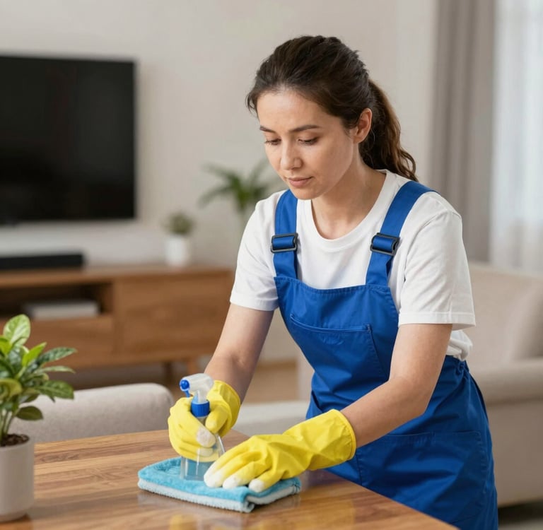 A professional cleaner in uniform carefully wiping a kitchen countertop.