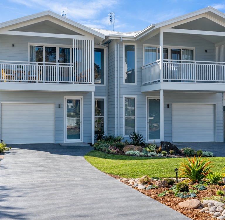Modern two-story light blue duplex with white balconies, double garages, and a landscaped driveway.
