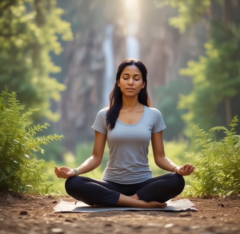 A serene Indian woman practicing yoga in a soft, creamy-toned room filled with natural light.