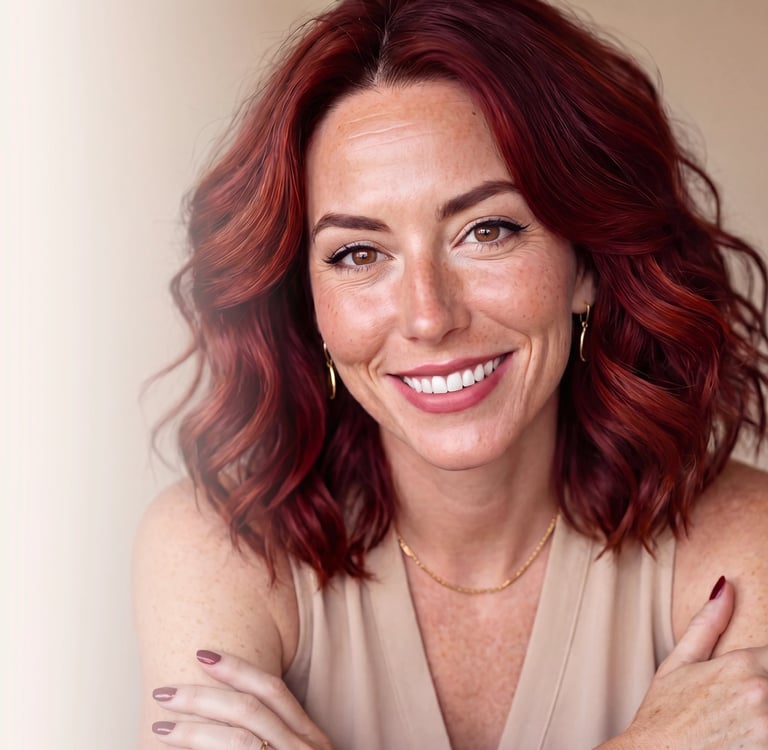 Smiling woman with wavy red hair and freckles in a professional headshot portrait.