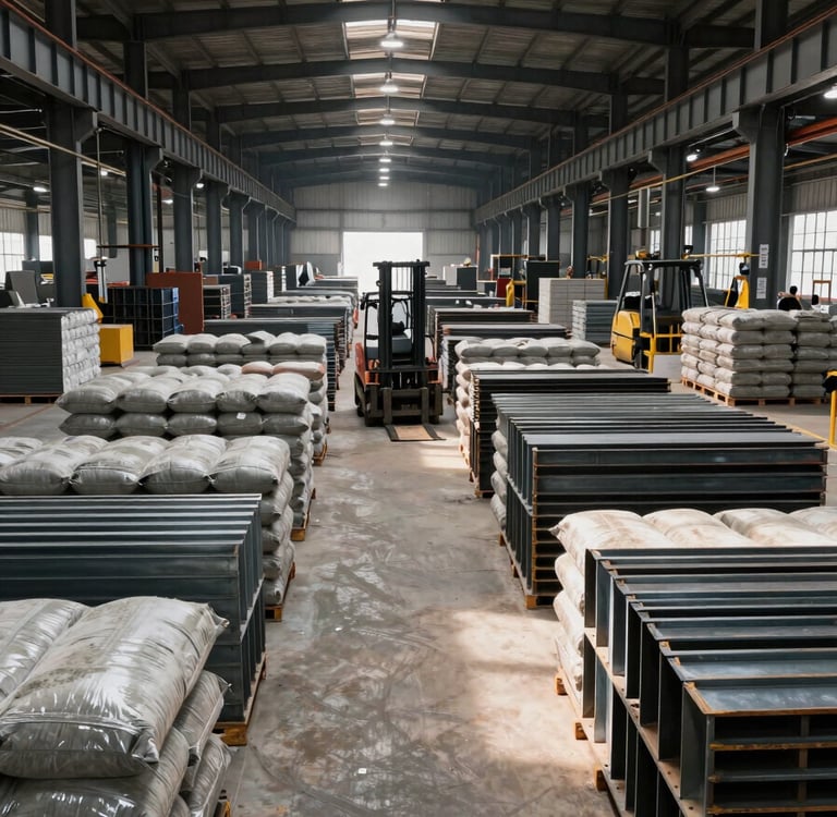 Wide-angle view inside a massive industrial warehouse, organized rows of steel I-beams and bagged cement stacked floor to ceiling, hard side-lighting casting strong shadows between rows, forklift visible mid-aisle, overhead industrial fixtures illuminating the scale of inventory
