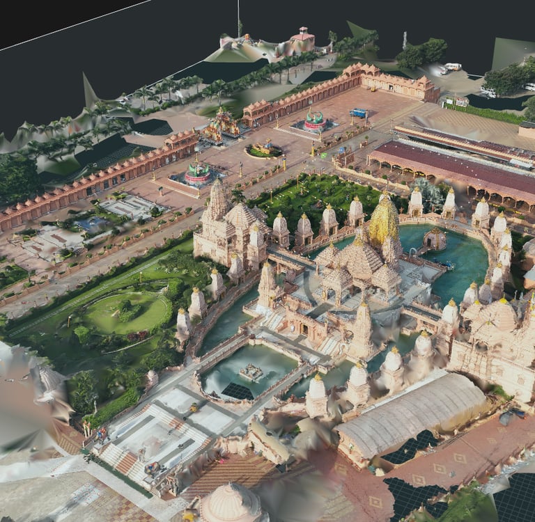 Aerial 3D model of a grand Hindu temple complex with traditional stone architecture and gardens.