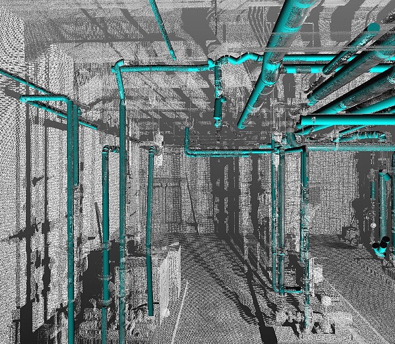 A 3D LiDAR point cloud scan of industrial piping and mechanical systems in a building facility.