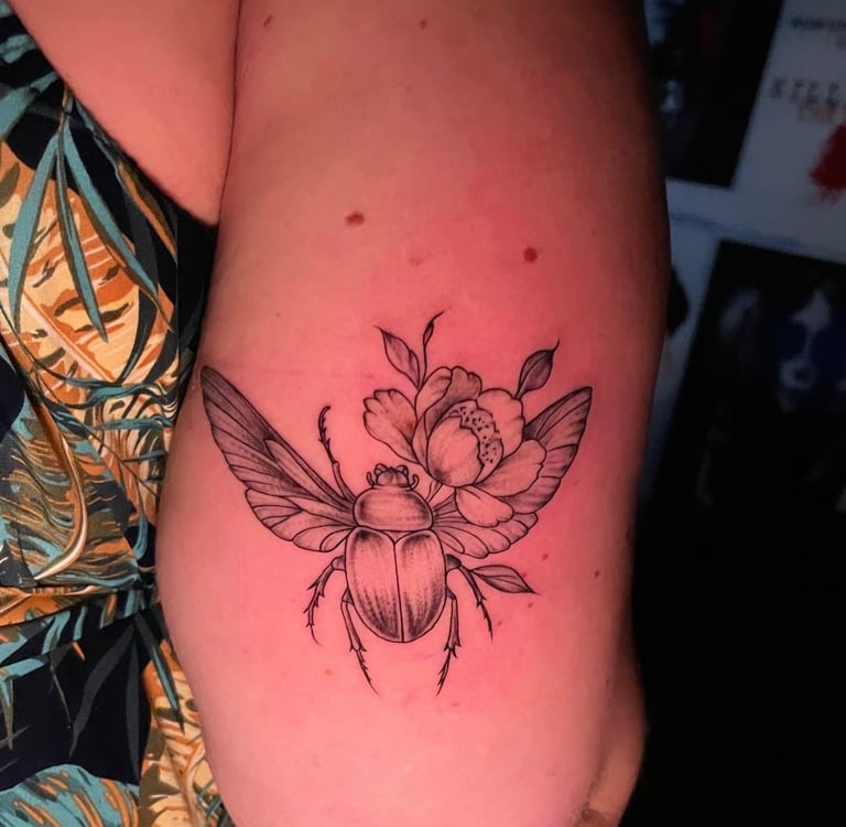 Scarab tattoo in dotwork on forearm — Hurghada Tattoo Studio