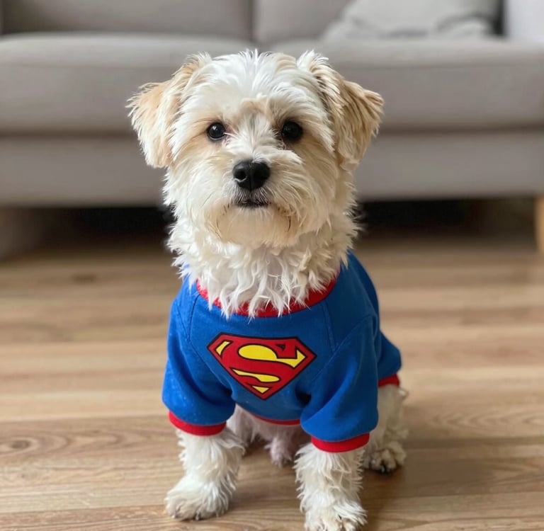 Un perrito blanco con una camiseta azul de Superman está sentado en un suelo de madera.