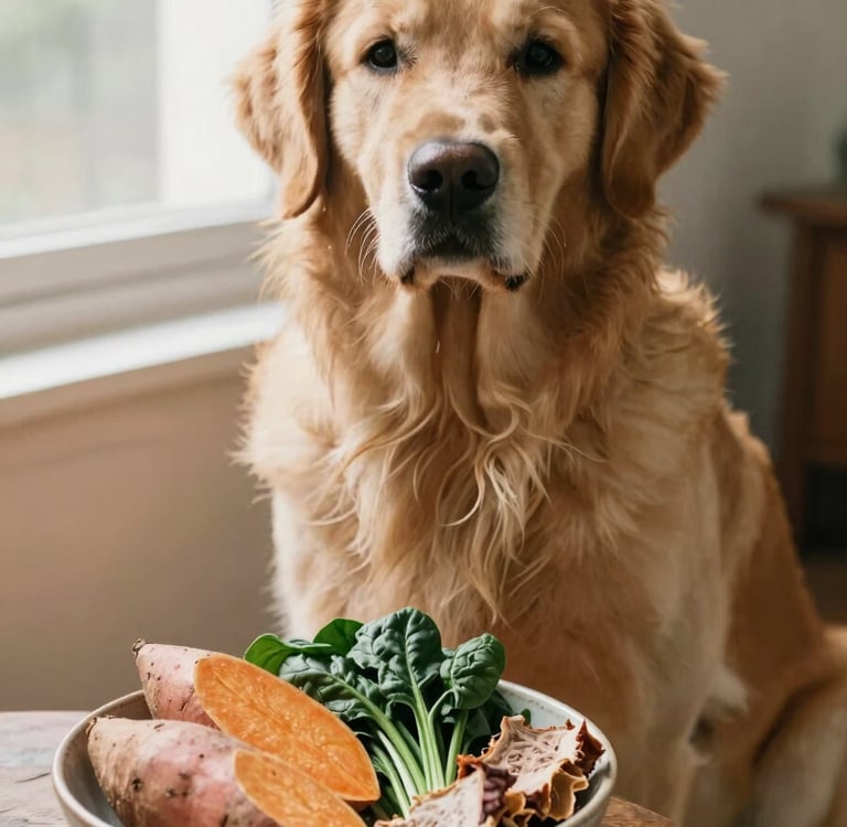Perro golden retriever con alimentos sanos