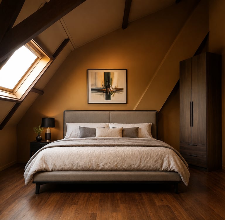 Modern attic bedroom with a king-size bed, and warm lighting, Color advise Studio .Purple